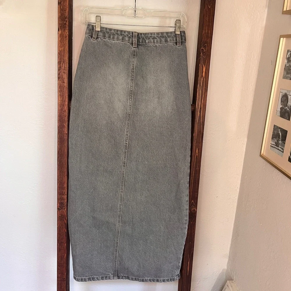 Primark Grey Denim Maxi Skirt High Waisted Front Slit Size 2 US Western Boho